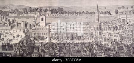 Die Prozession von König Eduard VI. Vom Tower of London nach Westminster, 19. Februar 1547, vor seiner Krönung (1787). Die lange Prozession führt ihren Weg vom Tower, der ganz links und von Wasser umgeben ist, zur Westminster Abbey. Die Prozession besteht aus Würdenträgern, Soldaten und Mitgliedern des Hofes. Aus dem Hauptgebäude in der Bildmitte wurden Banner gehängt, um zu feiern. Beamte säumen den Prozessionspfad, und die Leute bahnen sich ihren Weg durch die engen Gassen, um das Ereignis zu beobachten. Eduard wurde 1547 im Alter von zehn Jahren zum König gekrönt. Aus einer kovalenten Farbe Stockfoto