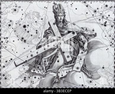 Cygnus als Heiliges Kreuz, 1627. Die allegorische Figur des Cygnus sitzt zwischen Wolken, die das Kreuz halten. Cygnus ist ein großes nördliches Sternbild, auch Schwan genannt. Der deutsche Gelehrte Julius Schiller christianisierte die Himmelskarte. Die klassische Bildsprache der Sternengruppen wurde durch religiöse Bildsprache ersetzt. Daher erhielten die nördlichen Himmel Bilder des Neuen Testaments, und die südlichen Himmel erhielten Bilder des Alten Testaments. Seine Zeitgenossen waren jedoch nicht überzeugt, vielleicht wegen des starken katholischen Einflusses in den Bildern. Sie hielten sich lieber an die Tradition Stockfoto