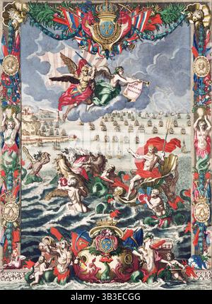 Frontispiece von Mortiers Neptun François, 1693. Pieter Mortier war ein niederländischer Verleger französischer Herkunft, der Atlanten von Seekarten in Amsterdam im späten 17. Und frühen 18. Jahrhundert produzierte. Aus „Le Neptune françois ou Atlas Nouveau des Cartes Marinesà l'use des ARMées du roy de la Grande Bretagne“ (französischer Neptun oder neuer Atlas der Marinekarten für die Verwendung der Armeen des Königs von Großbritannien). Stockfoto