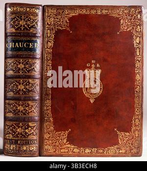Kopie von Caxtons erster Ausgabe von Chaucer's The Canterbury Tales, 1476. Dieses Buch wurde vermutlich Ende des 18. Jahrhunderts für König Georg III. Gebunden, wie aus seinem Wappen und den Initialen G R (Georgius Rex) auf dem Titelumschlag ersichtlich ist. Georg III. War ein begeisterter Sammler von Büchern und gab einige &#xa3;2000 pro Jahr für seine Bibliothek aus. Stockfoto