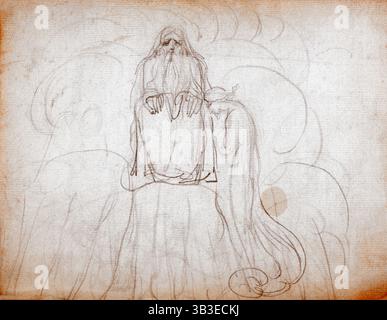 Gott, Vater und Sohn, 1787-1818. Skizzieren Sie auf einer Seite aus dem Manuskript Notizbuch William Blakes vorbereitende Zeichnungen für seine Gedichtsammlung „Songs of Innocence and of Experience“. Stockfoto