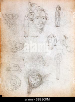 Alphabetische menschliche Formen, c1787-1818. Seite aus einem Skizzenbuch. Zeichnung für das Gedicht „Heiliger Thurdsay“ in „Lieder der Erfahrung“, links von einer Porträtzeichnung von Tom Paine. Mit Zeichnungen, die für das Gedicht „mein hübscher Rosenbaum“ verwendet wurden, und dem Frontteil rechts und in der Mitte. Aus dem Manuskript Notizbuch, William Blakes vorbereitende Zeichnungen für seine Gedichtsammlung „Lieder der Unschuld und der Erfahrung“. Stockfoto