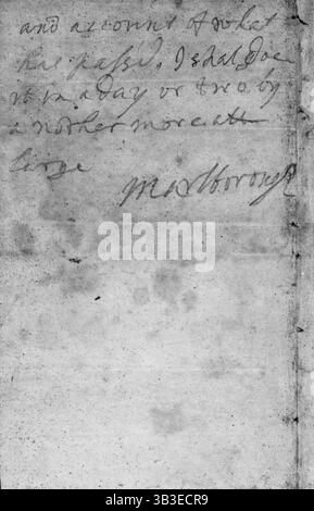 Eine Mitteilung des Herzogs von Marlborough, der seinen Sieg bei Blenheim 1704 meldete. Diese Notiz, die hastig mit Bleistift auf Seiten aus einem Notizbuch gekritzelt wurde, von John Churchill, 1. Herzog von Marlborough, an seine Frau Sarah, berichtet von seinem Sieg über die Truppen des französischen Königs Ludwig XIV. Und seiner bayerischen Verbündeten in Blenheim im Jahr 1704. Die Notiz vom 13. August lautet: „Ich habe keine Zeit, mehr zu sagen, aber um dich zu bitten, wirst du der Königin meine Pflicht geben und sie wissen lassen, dass ihre Armee einen glorreichen Sieg errungen hat. Monsieur Tallard und zwei weitere Generäle sind in meinem Kutscher, und ich Folge dem Rest: Dem Bärchen Stockfoto