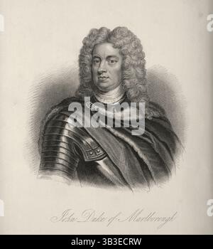 Der Herzog von Malborough (John Churchill), um 1700, (1834–1837). Marlborough (1650–1722) kommandierte die britischen und alliierten Streitkräfte im Spanischen Erbfolgekrieg Anfang des 18. Jahrhunderts. Er gewann eine Reihe von Siegen über die Franzosen, darunter Blenheim (1704), Ramillies (1706), Oudenaarde (1708) und Malplaquet (1709). Eine dankbare Königin Anne belohnte Marlborough 1704 mit einem Palast auf Kosten der Regierung nach seinem Sieg bei Blenheim, nach dem der Palast später benannt wurde. Platte 2 aus "Leben bedeutender und illustrer Engländer, von Alfred dem Großen bis zu den neuesten Zeiten", V Stockfoto