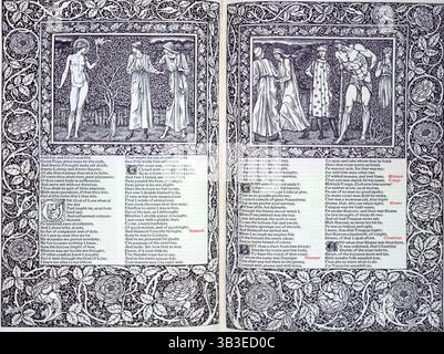 Zwei Illustrationen und Text aus den Canterbury Tales, 1896. Der Kelmscott Chaucer, mit Burne-Jones' aufwändigem Zyklus von Holzschnitt-Illustrationen, wurde „von allen Beteiligten bereits vor seiner Veröffentlichung als das ehrgeizigste und bemerkenswerteste Buch der Kelmscott Press anerkannt“. Aus „The Works of Geoffrey Chaucer Now New Imprint“. [Kelmscott Press, Hammersmith, 1896]. Stockfoto