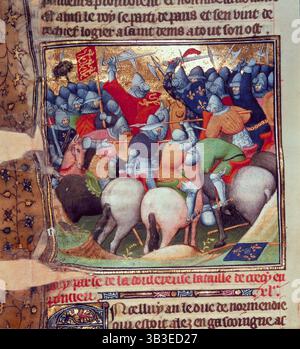 Szene aus der Schlacht von Crecy, 1346, (c1346-c1400). Heftige Kämpfe zwischen Soldaten und Rittern in Rüstung. Die Schlacht von CRécy fand am 26. August 1346 in Picardie in Nordfrankreich statt. Es wurde zwischen einer französischen Armee unter dem Kommando von König Philipp VI. Und einer englischen Armee unter König Eduard III. Gekämpft. Die Engländer siegten, und es gab schwere Verluste unter den Franzosen. Aus Richtung Les Chroniques de France. Stockfoto