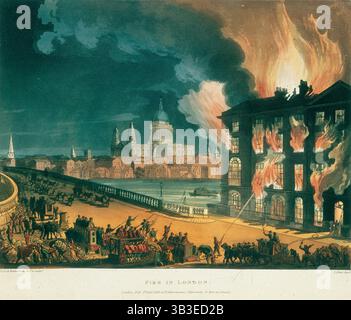 "Feuer in London", 1810. Das Feuer bei Albion Mill, Blackfriars Bridge, Southwark, London in der Nacht vom 2. März 1791. Aus "der Mikrokosmos von London..." Von William Henry Pyne und William Combe. Stockfoto