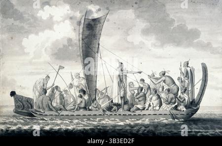 Ein neuseeländisches Kriegskanu mit Segel, 1768-1780. Ein Maori-Kriegskanu mit seiner Besatzung, von denen einer einen menschlichen Schädel hält; an Bord sind auch Frauen, Kinder und ein Hund. Ein Mann im Mantel gibt Befehle. Aus Einer Sammlung von Zeichnungen von A Buchan, S Parkinson und JF Miller, die in den von Capt Cook in seiner ersten Reise besuchten Ländern entstanden sind, auch von Druckgrafiken, die in Hawksworths Voyages of Biron, Wallis, and Cook sowie in Cooks Second and Third Voyages veröffentlicht wurden. Captain Cooks erste Reise war 1768–1771, seine zweite Reise 1772–1775 und die dritte Reise 1776–1780. Stockfoto