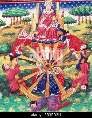 Glücksrad, c1520. Ein König steht dem Steuer vor, in der Mitte steht eine Frau, die das Glück repräsentiert. Männer Klammern sich an die Außenseite des Rades; Adlige und Leibeigene sind gleichermaßen machtlos, der Drehung des Rades zu entkommen, was die Veränderlichkeit symbolisiert und Veränderungen im Leben von Reichen und Armen bewirkt. Aus dem Troy-Buch und der Geschichte von Theben. Stockfoto