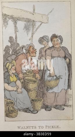 „Walnüsse zu Gurke“, 1820. Straßenhändler verkaufen eingelegte Walnüsse. Von Rowlandsons Characteristic Sketches of the Lower Orders Tarned as A Companion to the New Picture of London bestehend aus Fifty Four Plates Coloured. Stockfoto