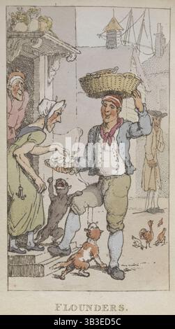 „Flunder“. Ein Händler, der Fisch verkauft. 1820. Von Rowlandsons Characteristic Sketches of the Lower Orders Tarned as A Companion to the New Picture of London bestehend aus Fifty Four Plates Coloured. Stockfoto