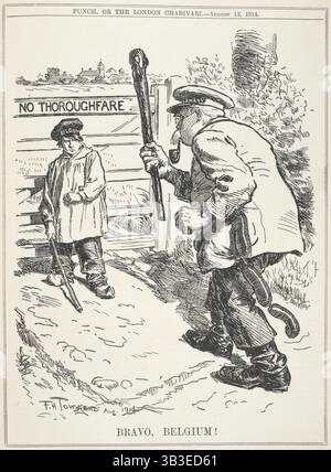 Bravo, Belgien!, 1914. Politischer Cartoon, der einen belgischen Bauern zeigt, der sich dem deutschen Aggressor stellt. Von Punch Oder Dem London Charivari. Stockfoto