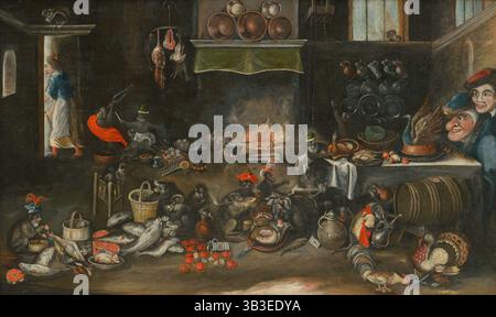 Affen in der Küche, 1620-1640. Affen essen, trinken, spielen, rauchen und sich selbst mit Bier aus dem Fass versorgen. Auf der rechten Seite ist ein Pfauenkuchen. Stockfoto