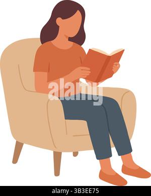 Eine Frau, die bequem ein Buch liest, während sie in einem Sessel sitzt. Stock Vektor