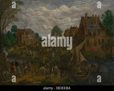 Niederländischer Markt, 1750-1800. Geschäftige Szene mit Kühen, Schweinen und Schafen zum Verkauf, Menschen, die mit dem Boot mit Vieh ankommen, und Frauen, die Gemüse verkaufen. Stockfoto