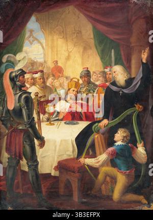 Historische Szene II, 1824. Ein König oder Kaiser (Kaiser Rudolf I.?) hält Hof, umgeben von Soldaten und Priestern. Auf dem Tisch steht ein goldener nautilus-Becher. Stockfoto