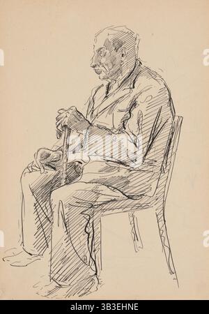 Sitzender alter Mann mit einem Stock, 1939/1944. Stockfoto