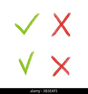 Häkchen und handgezeichnetes X-Kreuz. Design-Elemente für „Ja“ und „Nein“. Symbol Auswahl akzeptieren oder ablehnen. Stock Vektor