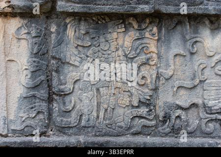 BAS Relief eines Maya-Kriegers mit Kopf und Schlangen in Chichen Itza, Mexiko Stockfoto