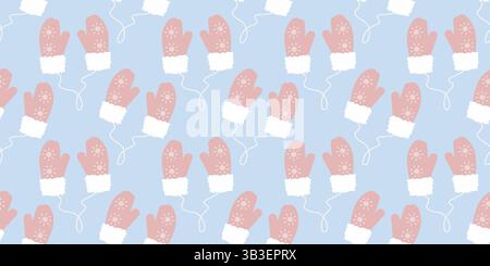 Fäustlinge mit Schneeflocken und Fell auf nahtlosem String Muster in trendigem zartem Pink auf blauem Winter Fond. Isolierte Vektor-Illustration saisonale Thematische Kleidung Karten Branding Hintergrund Preis Tag, Promo Tag Stock Vektor
