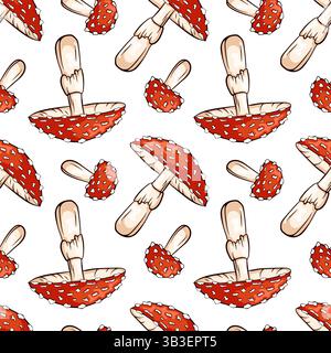 Fliege in einem ungenießbaren Pilzmuster im Cartoon-Stil. Amanita Muscaria Textur Design für Textil, Geschenkpapier, Dekor. Vektor Stock Vektor