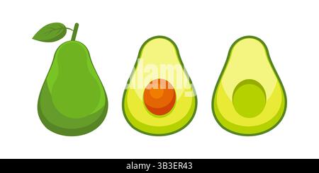 Ganze Avocado, Avocadohälfte mit Samen, Avocadohälfte ohne Samen mit verschiedenen Stadien Stock Vektor