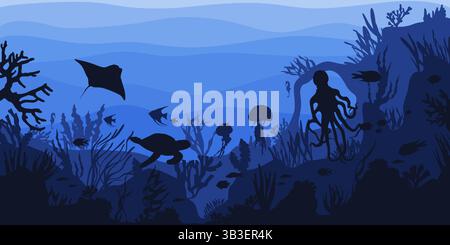 Hintergrund der Meeresbodenlandschaft. Vektor-Unterwasserlandschaft mit Meereslebewesen, Meer oder Meeresboden. Wassertiefe Hintergrund mit Flora und Fauna, Fisch. Stock Vektor
