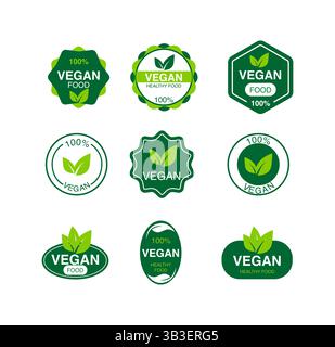 Set von veganen grünen Logos für gesundes Essen mit Blättern Stock Vektor