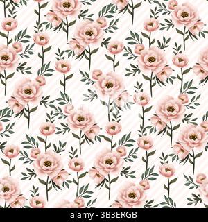 Rosa Blumen mit diagonalen Streifen, nahtloses Blumenmuster auf transparentem Hintergrund Stockfoto