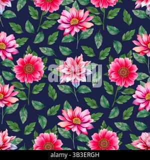 Blumenmuster. Nahtlose Aquarellblume Illustration auf marineblauem Hintergrund Stockfoto