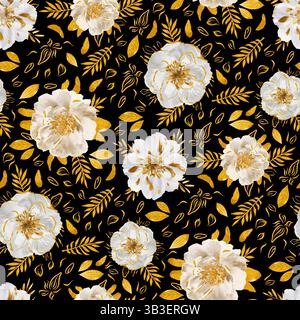 Goldene Blumen und Blätter, nahtloses Blumenmuster auf schwarzem Hintergrund Stockfoto