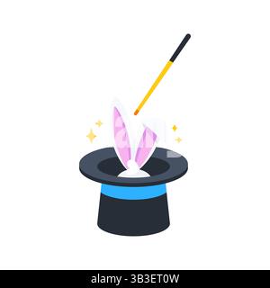 Ein Zauberer, der Kaninchenohren aus einem Zauberhut mit Zauberstab erscheinen lässt Stock Vektor
