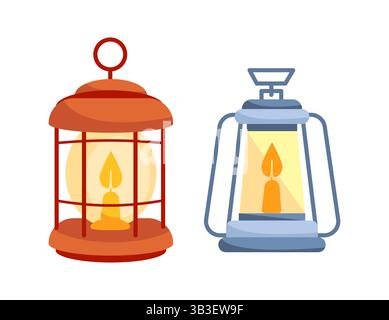 Zwei Vintage Camping-Laternen, die warmes Licht mit Kerzen im Inneren ausstrahlen Stock Vektor