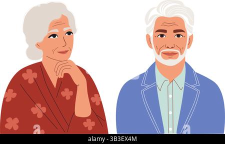 Elegante grauhaarige ältere Frau und stilvoller älterer Mann mit Bart in Jacke. Isoliertes modernes Happy Female und selbstbewusstes männliches Porträt auf weiß Stock Vektor