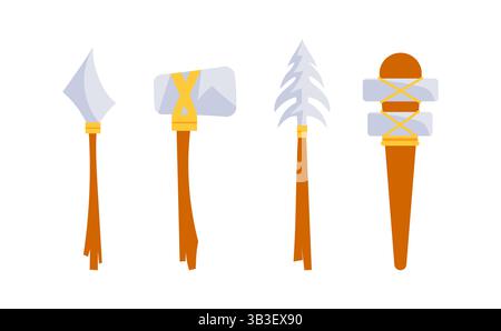 Prähistorische Steinwaffen, die mit einem Seil an Holzgriffe gebunden sind Stock Vektor