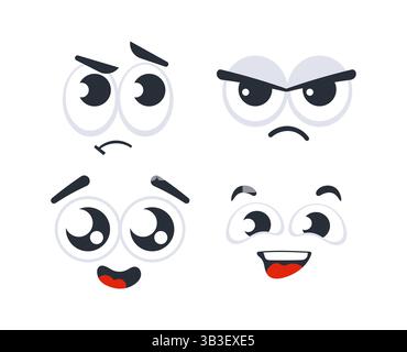 Vier Comic-Gesichter, die verschiedene Emotionen zeigen, von Traurigkeit bis Glück Stock Vektor