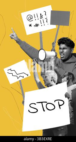 Junge Aktivisten mit Stoppschildern und Megaphonen, die gemeinsam auf gelbem Hintergrund protestieren. Konzeptdesign Stockfoto