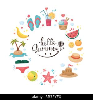 Handgezeichneter Sommer-Rundrahmen, Kopierraum, Vorlage. Hallo Sommer Schriftzug. Doodle Summer Beach Holidays kreisförmiger Rahmen. Illustration der Strandparty. Sommer Cartoon Vektor Illustration. Flaches Design. Stock Vektor