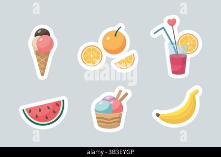 Beliebte Lebensmittelaufkleber für den Sommer. Niedliche Sommerfrüchte, Eiscreme-Ikonen-Kollektion. Sommerzeitelemente. Illustration der Strandparty. Illustration des Zeichentrickvektors. Flaches Design. Stock Vektor