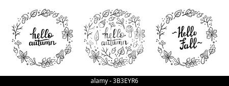 HALLO Herbst handgeschriebener Schriftzug. Dekorrahmen im Herbst mit Pilzen, Eichenblättern, Ahornblättern, Eicheln. Vektorillustration im Doodle-Stil. Herbstvorlage, Rand, Kopierraum Sammlung Stock Vektor