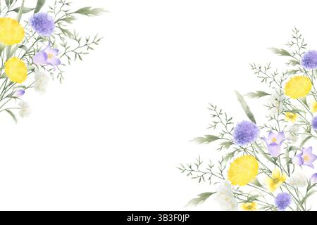 Wildblumen Glockenblumen, Löwenzahn, Schafgarbe und Wiesengräser. Handgezeichneter, isolierter rechteckiger Rahmen aus gelben Flieder-Feldblumen mit Kopie Stockfoto