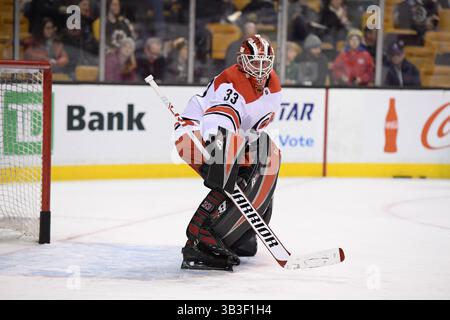 6. Januar 2018: Scott Darling (33), Torhüter der Carolina Hurricanes, wärmt sich für das NHL-Spiel zwischen den Carolina Hurricanes und den Boston Bruins im TD Garden in Boston, Mass auf. Boston besiegt Carolina mit 7:1. Eric Canha/CSM(Kreditbild: &Copy; Eric Canha/CSM via ZUMA Wire) Stockfoto