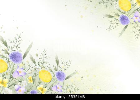 Wildblumen Glockenblume, Löwenzahn, Schafgarbe und Wiesengräser handgezeichnet isolierte Aquarellfarbe rechteckiger Rahmen aus gelber Fliederblume auf grüner Straße Stockfoto