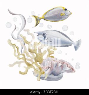 Exotische tropische Fische schwimmen in der Nähe eines Korallenriffs. Algen und Meerespflanzen. Laminaria wächst auf dem Meeresboden. Im Hintergrund befinden sich Luftblasen. Aquarell Stockfoto