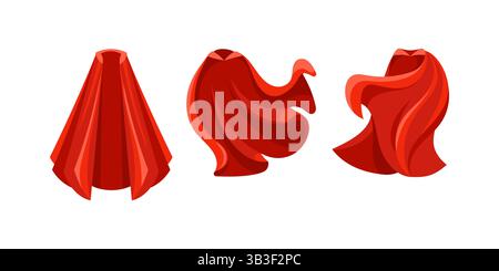 Rotes superheldencape, das im Wind fließt, verschiedene Positionen Stock Vektor
