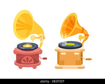 Zwei Vintage-Grammophone spielen Schallplatten mit großen Hörnern Stock Vektor