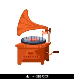 Altes Grammophon spielt eine Schallplatte mit Orangenhorn Stock Vektor