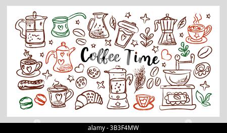Coffee Time Set eine gemütliche handgezeichnete Linie Art Kreide und Holzkohle Vektor Sammlung mit Kaffeetassen, Croissants, Keksen, Zuckerwürfeln und Kaffee. Stock Vektor