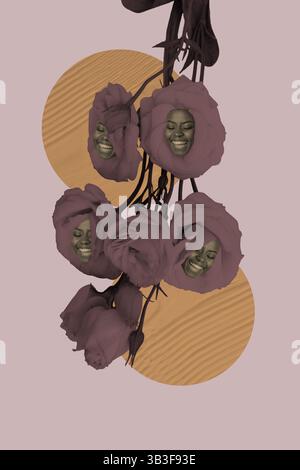 Skizze Bild Trend Artwork Montage Foto Collage der Blüte Pflanze botanische Natur Jahreszeit Karikatur afrikanische Frau Gesicht erscheinen Rose Blume Stockfoto