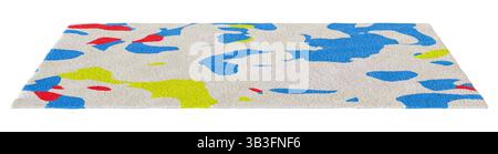 Dieser lebhafte 3D-Teppich verfügt über ein abstraktes Design mit kräftigen Farben wie Blau, Rot und Gelb und ist ideal für moderne Wohnräume. Es ist einzigartig Stockfoto